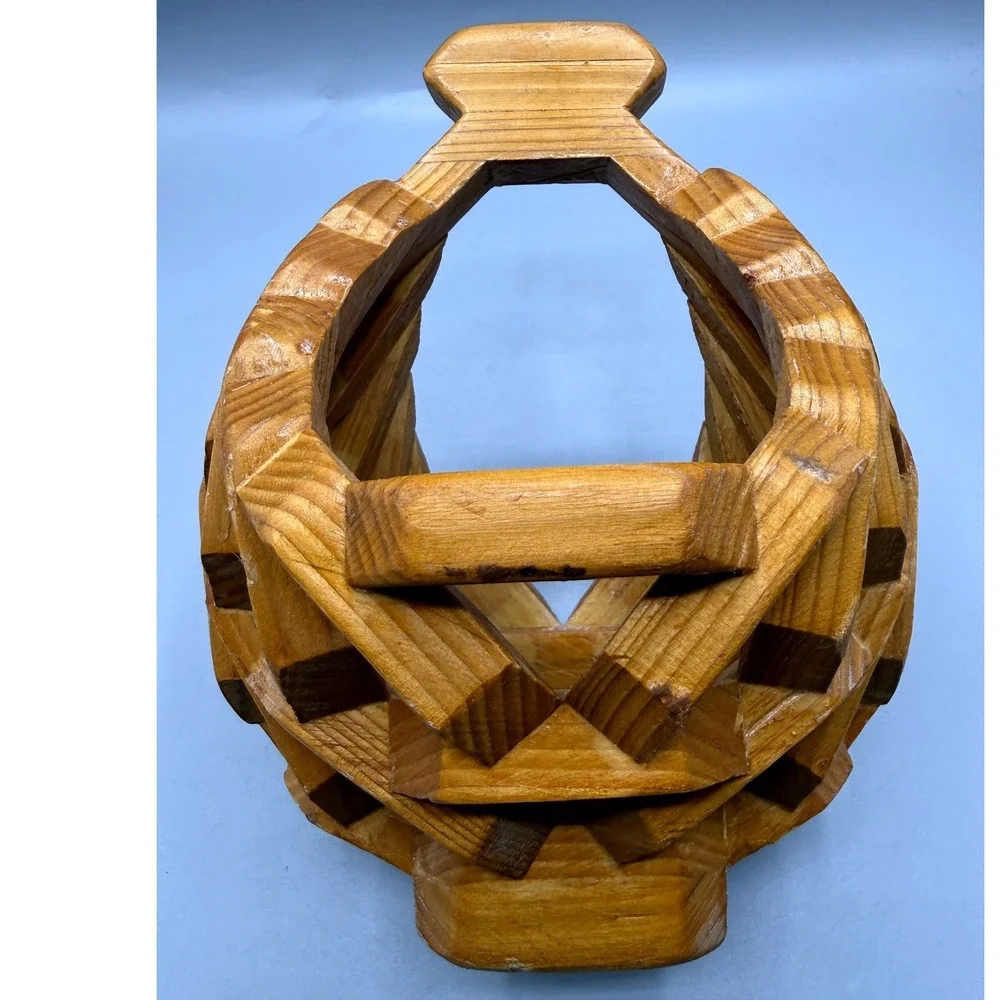 Vintage Folk Art Geometric Interlocking Wood Planter Basket MCM Handle Brown 9in